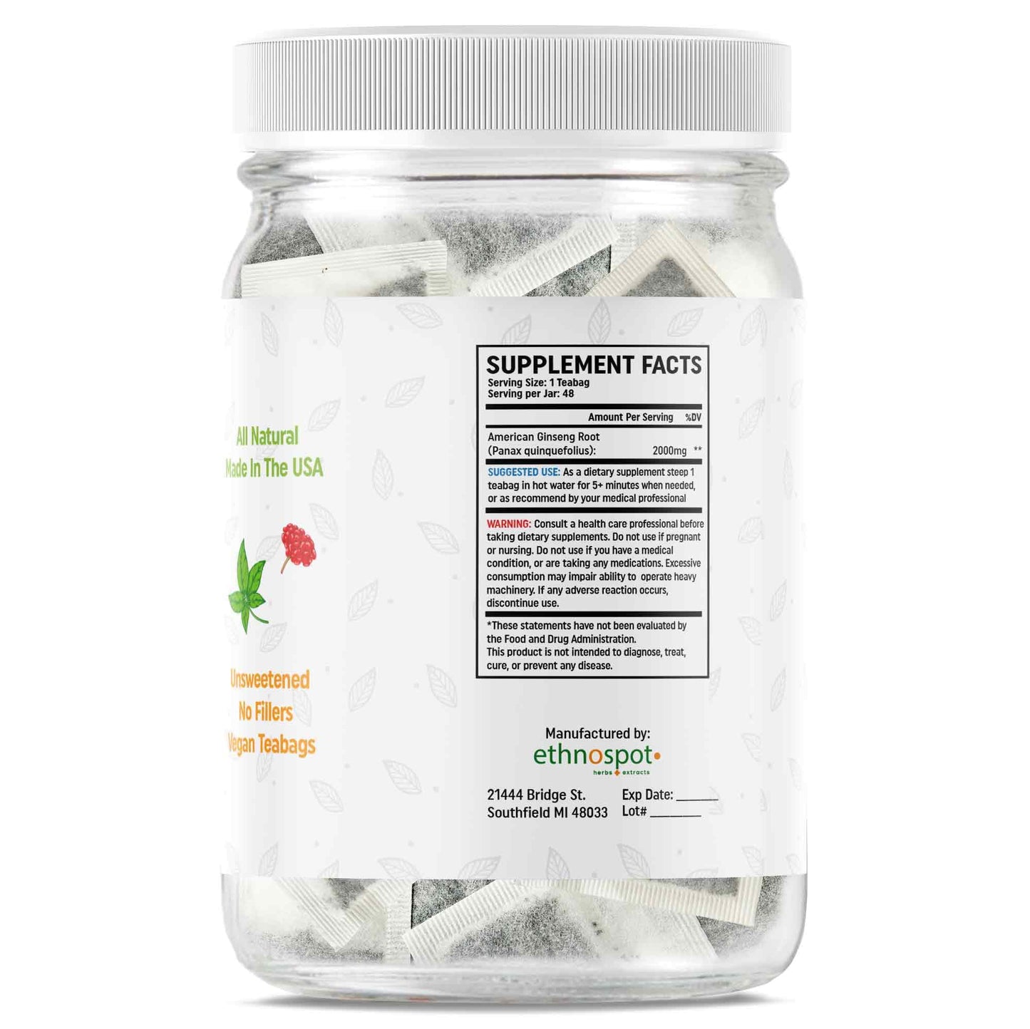 American Ginseng Root Teabags - Energy Boosting Herbal Tea