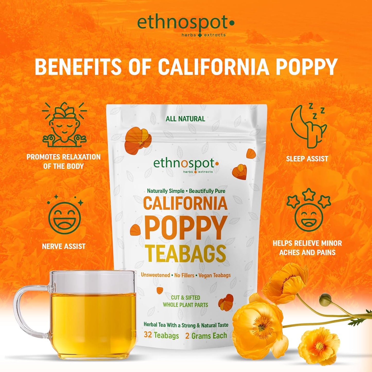 Pure California Poppy Tea - 32 Vegan Teabags