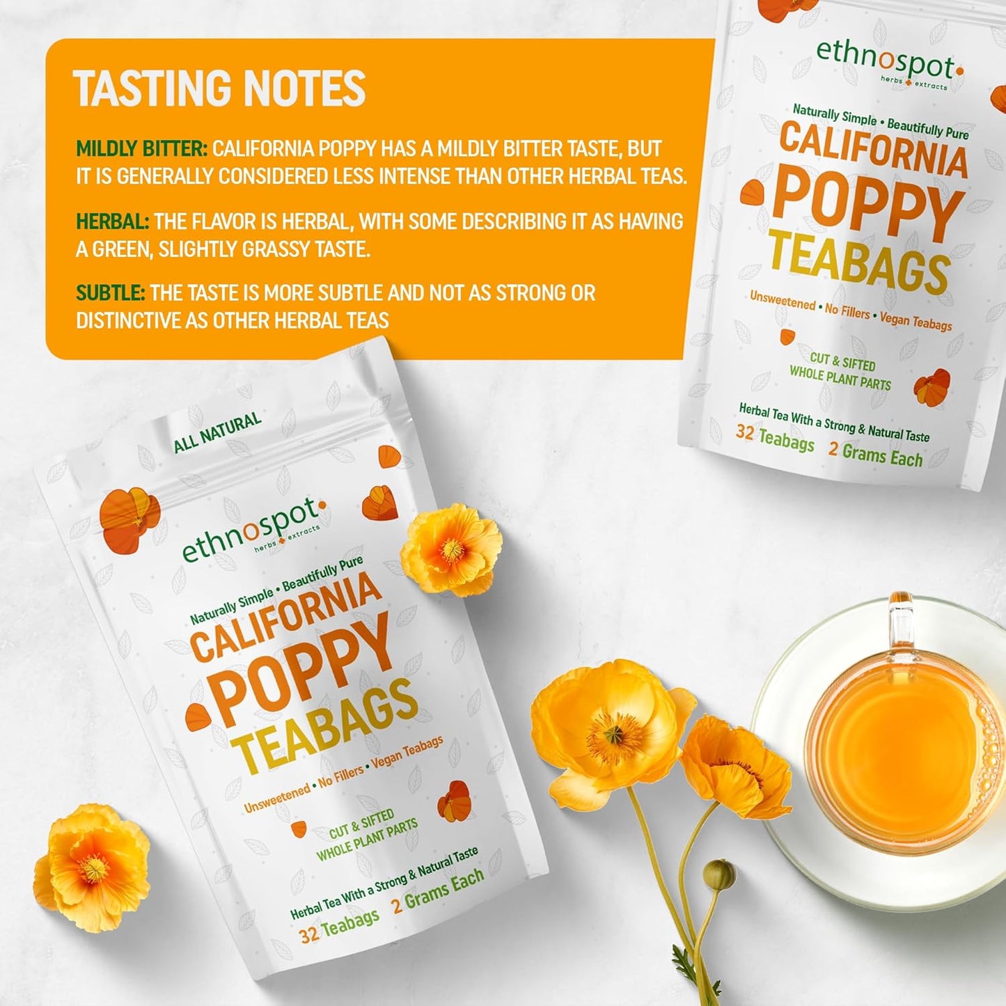Pure California Poppy Tea - 32 Vegan Teabags