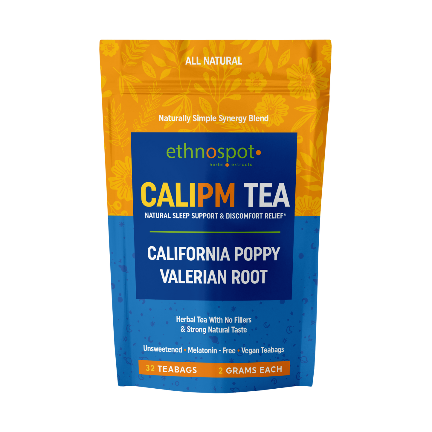 CaliPM Teabags - Natural Sleep Tea with California Poppy & Valerian Root, Herbal Tea for Relaxation & Discomfort Relief, Unsweetened & Vegan, Melatonin-Free, 100% Natural Ingredients - 2 Gram Teabags - 32 Teabags