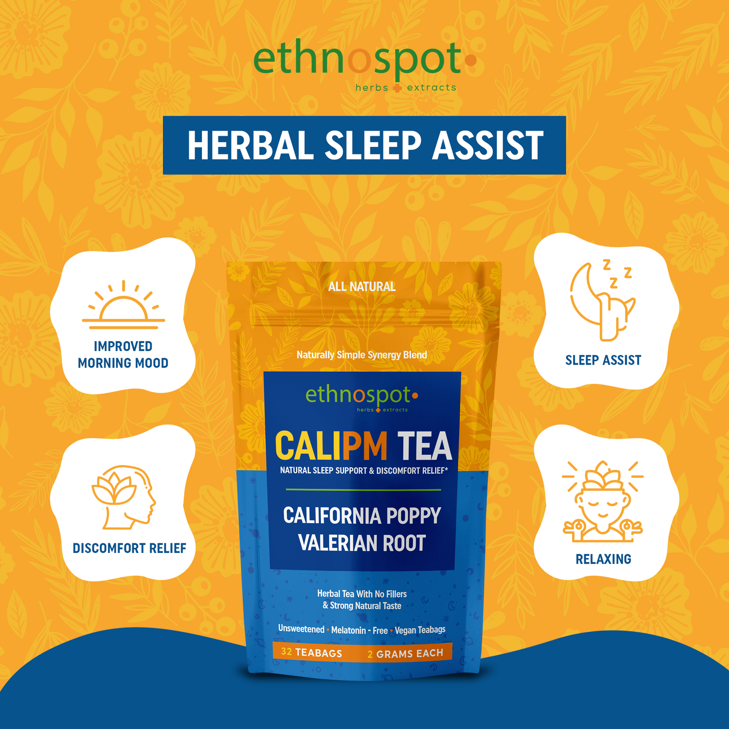 CaliPM Teabags - Natural Sleep Tea with California Poppy & Valerian Root, Herbal Tea for Relaxation & Discomfort Relief, Unsweetened & Vegan, Melatonin-Free, 100% Natural Ingredients - 2 Gram Teabags - 32 Teabags