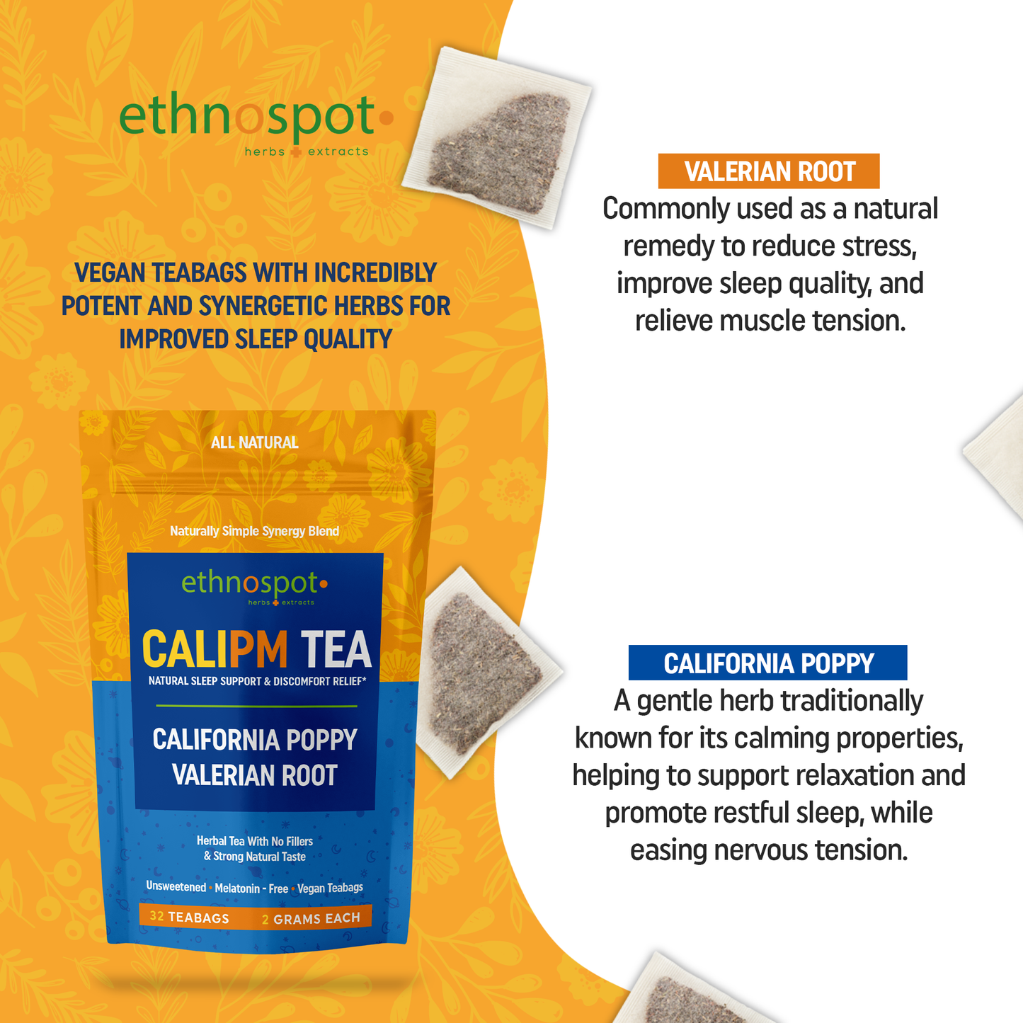 CaliPM Teabags - Natural Sleep Tea with California Poppy & Valerian Root, Herbal Tea for Relaxation & Discomfort Relief, Unsweetened & Vegan, Melatonin-Free, 100% Natural Ingredients - 2 Gram Teabags - 32 Teabags