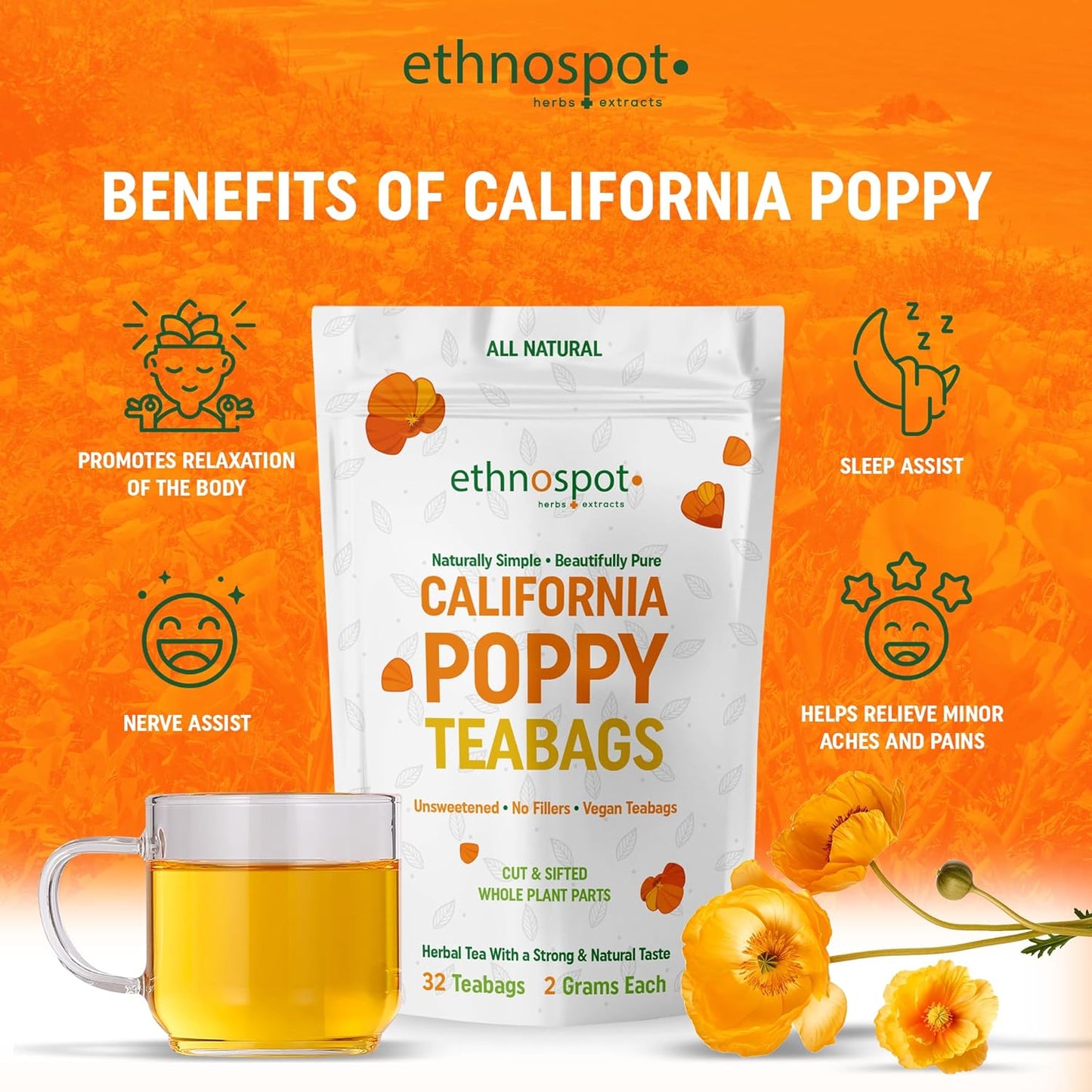 California Poppy Tea - Relaxing Herbal Tea (32 Teabags)