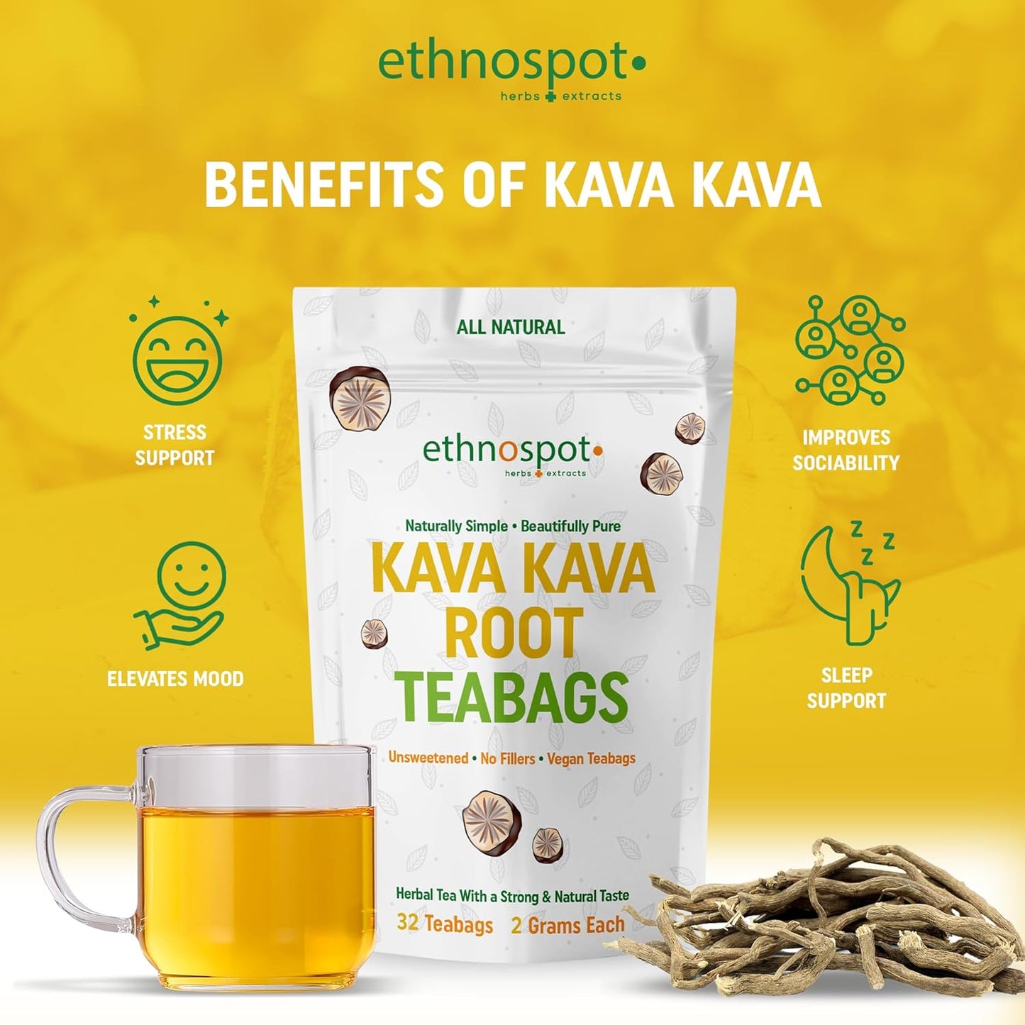 Kava Kava Root Teabags - Relaxation Inducing Herbal Tea (32 Teabags)