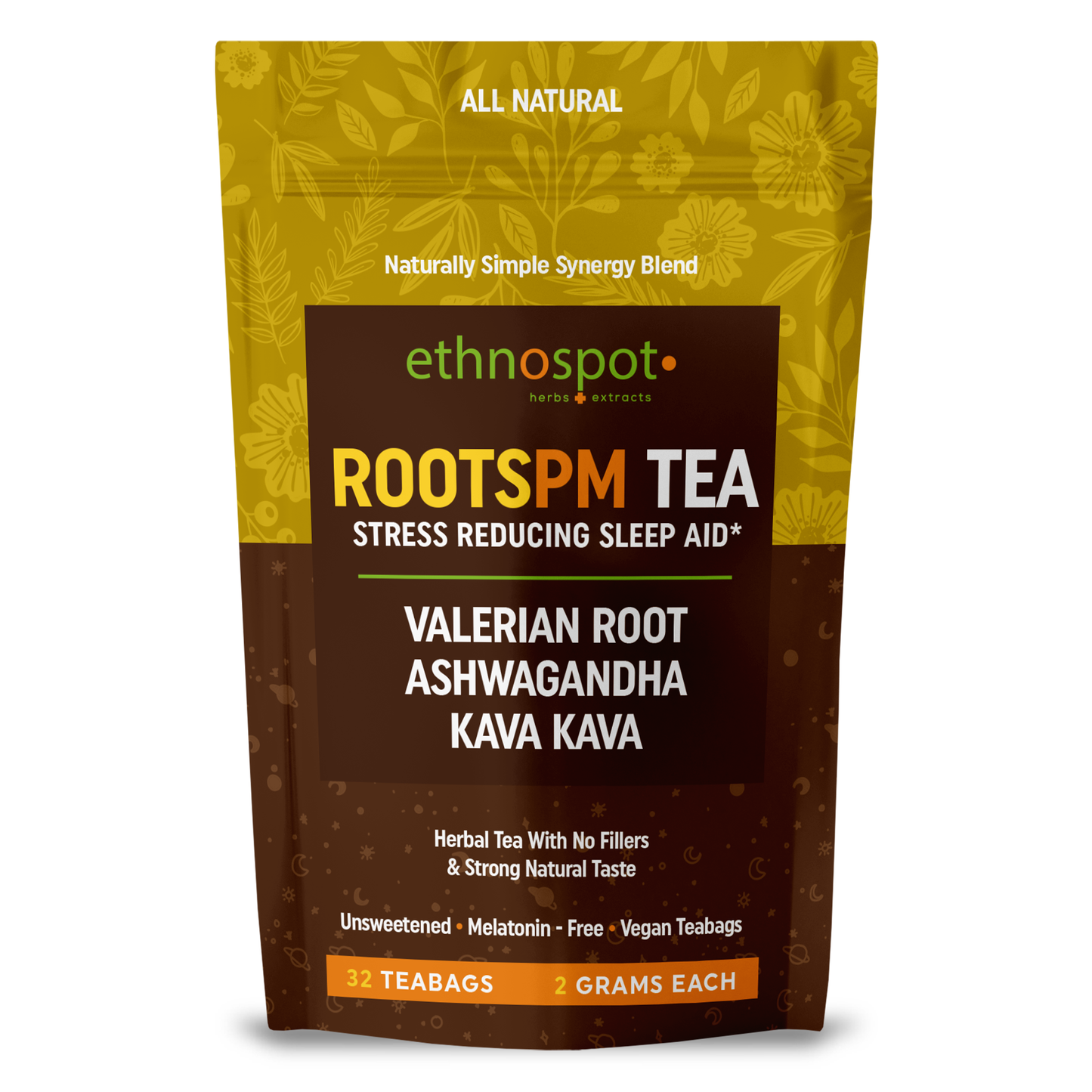 RootsPM Sleep Teabags - Herbal Blend of Valerian Root, Ashwagandha & Kava Kava, Natural Relaxation Tea for Restful Nights, Unsweetened & Vegan, 100% Natural Ingredients - 2 Gram Teabags - 32 Teabags