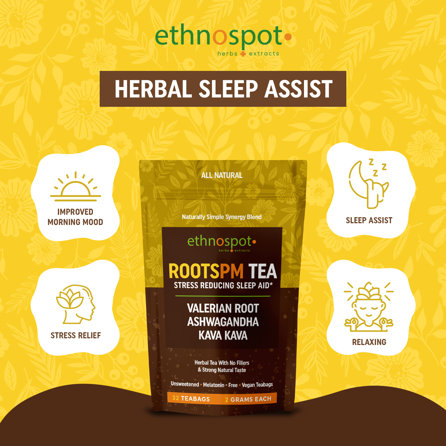 RootsPM Sleep Teabags - Herbal Blend of Valerian Root, Ashwagandha & Kava Kava, Natural Relaxation Tea for Restful Nights, Unsweetened & Vegan, 100% Natural Ingredients - 2 Gram Teabags - 32 Teabags