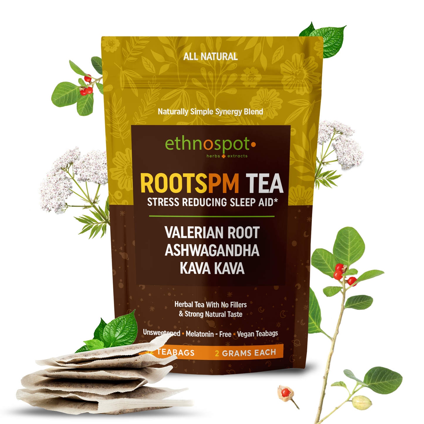 RootsPM Sleep Teabags - Herbal Blend of Valerian Root, Ashwagandha & Kava Kava, Natural Relaxation Tea for Restful Nights, Unsweetened & Vegan, 100% Natural Ingredients - 2 Gram Teabags - 32 Teabags